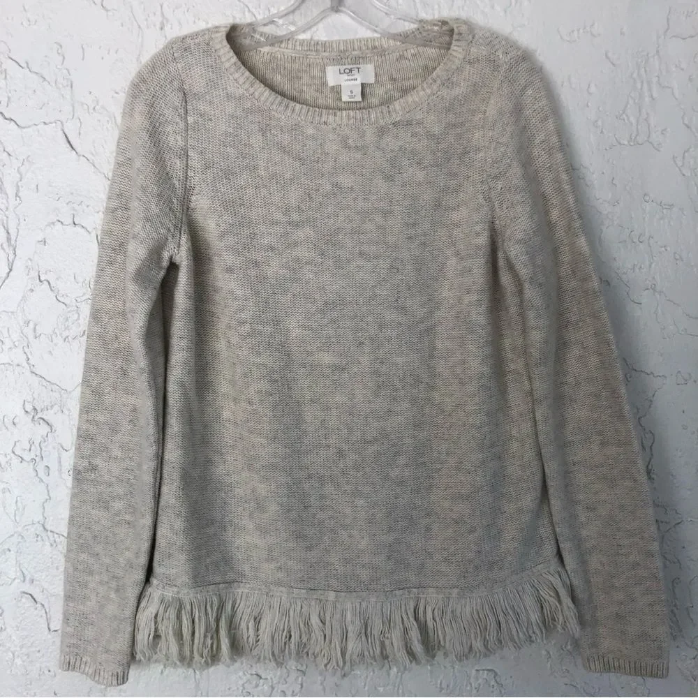 LOFT Lounge Chunky Knit Beige Fringe Sweater Size Small